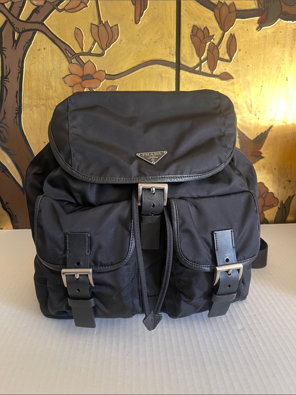 Prada Black Nylon Buckle-Front Drawstring Backpack